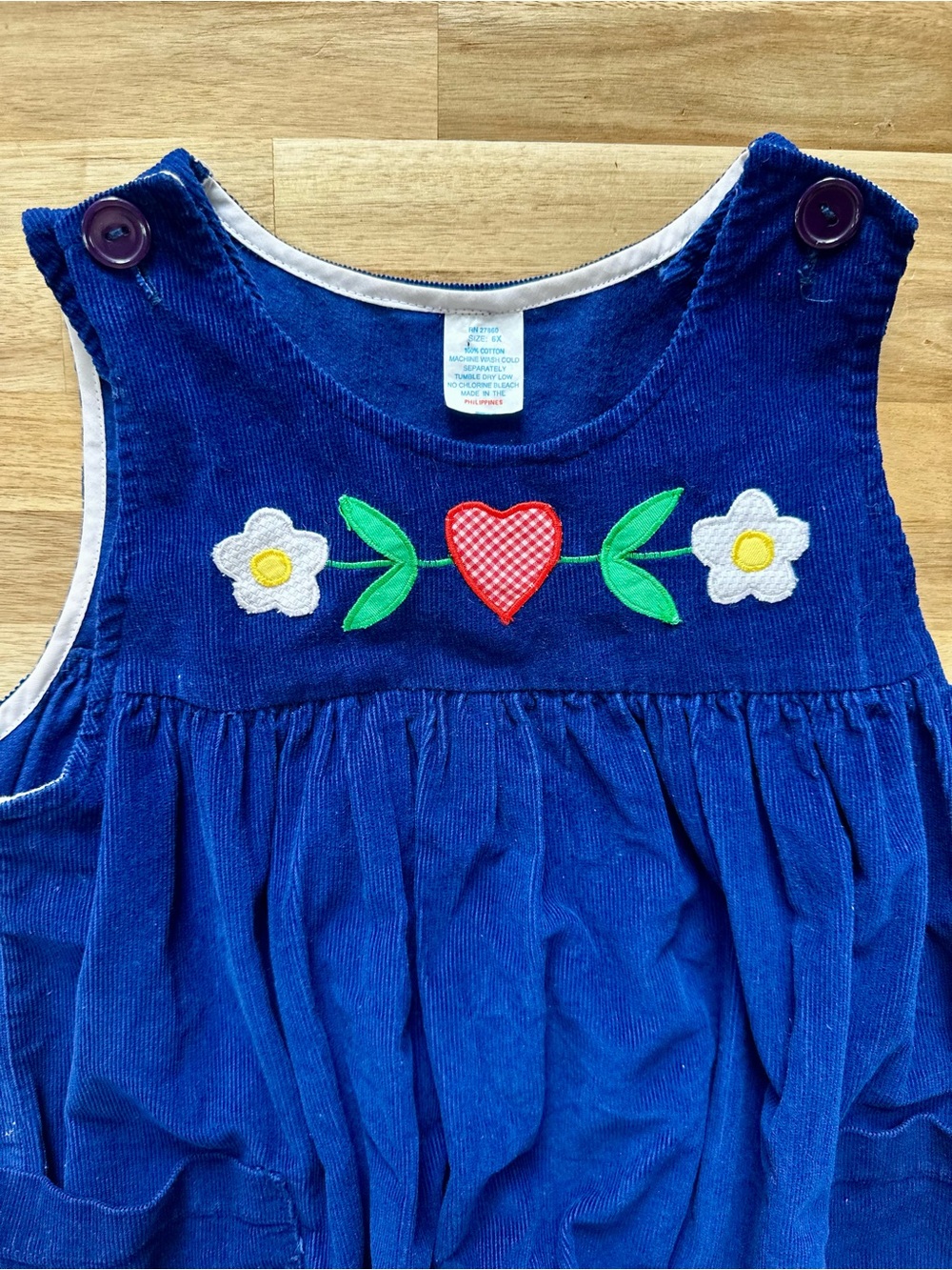 Blue Corduroy Girls Dress with Heart & Flower Appliqué